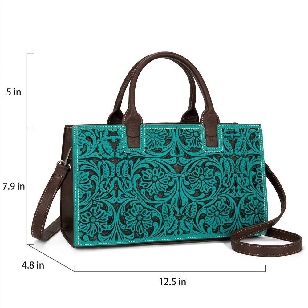 NEW TRINITY RANCH floral tooled leather western satchel tote bag in turquoise
